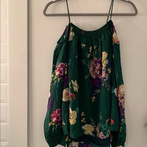 Anthropologie Maeve Tallie Green Floral Open-Shoulder Silk Top Sz M